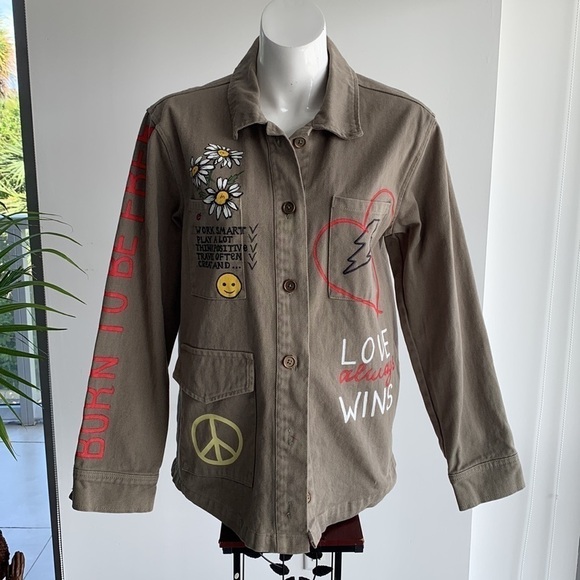 Ascot & Hart Green Army Jacket hand painted with graphic details, size S - Picture 10 of 16